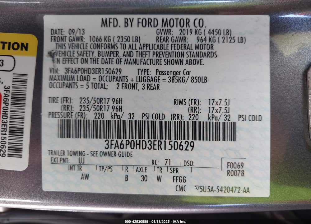 2014 FORD FUSION SE VIN: 3FA6P0HD3ER150629