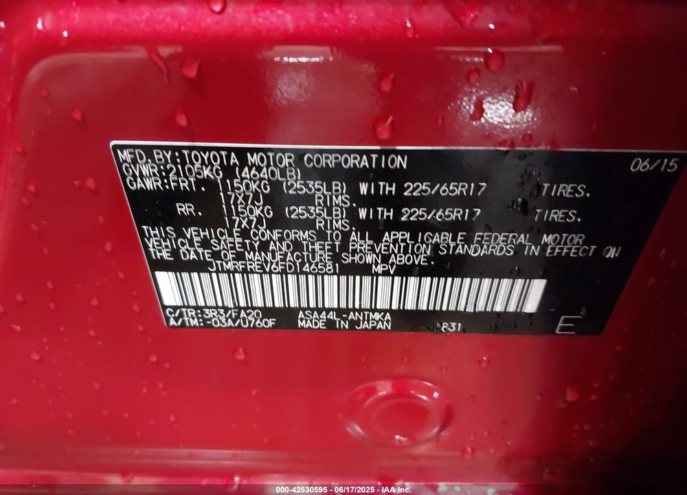 2015 TOYOTA RAV4 VIN: JTMRFREV6FD146581