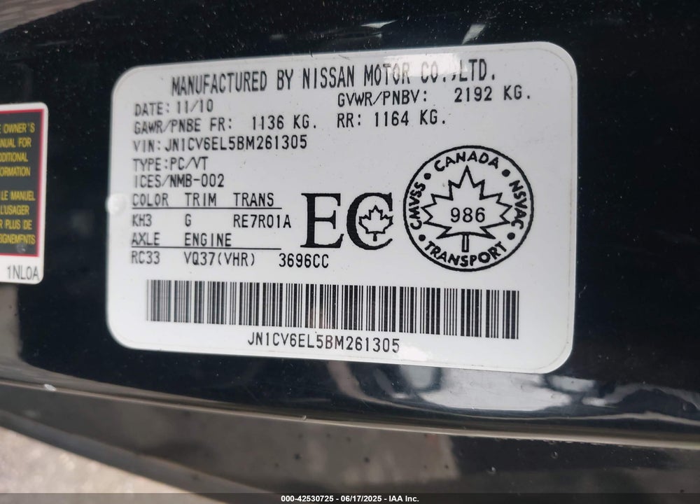 2011 INFINITI G37X VIN: JN1CV6EL5BM261305