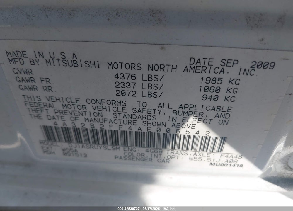 2010 MITSUBISHI GALANT VIN: 4A32B2FF4AE006542