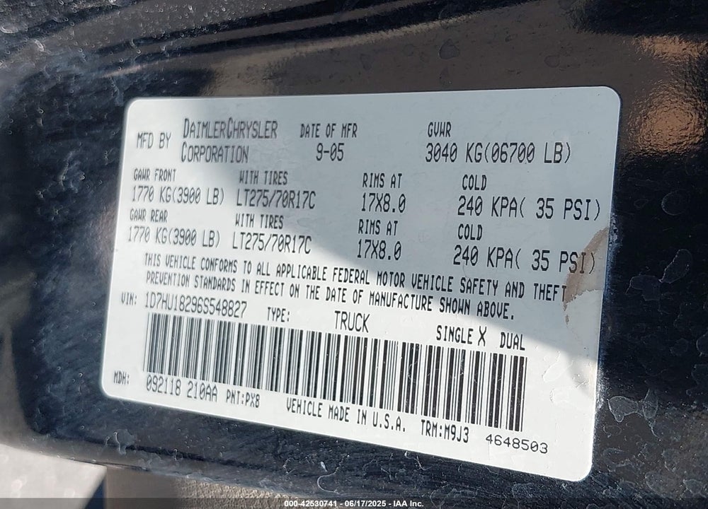 2006 DODGE RAM 1500 VIN: 1D7HU18296S548827