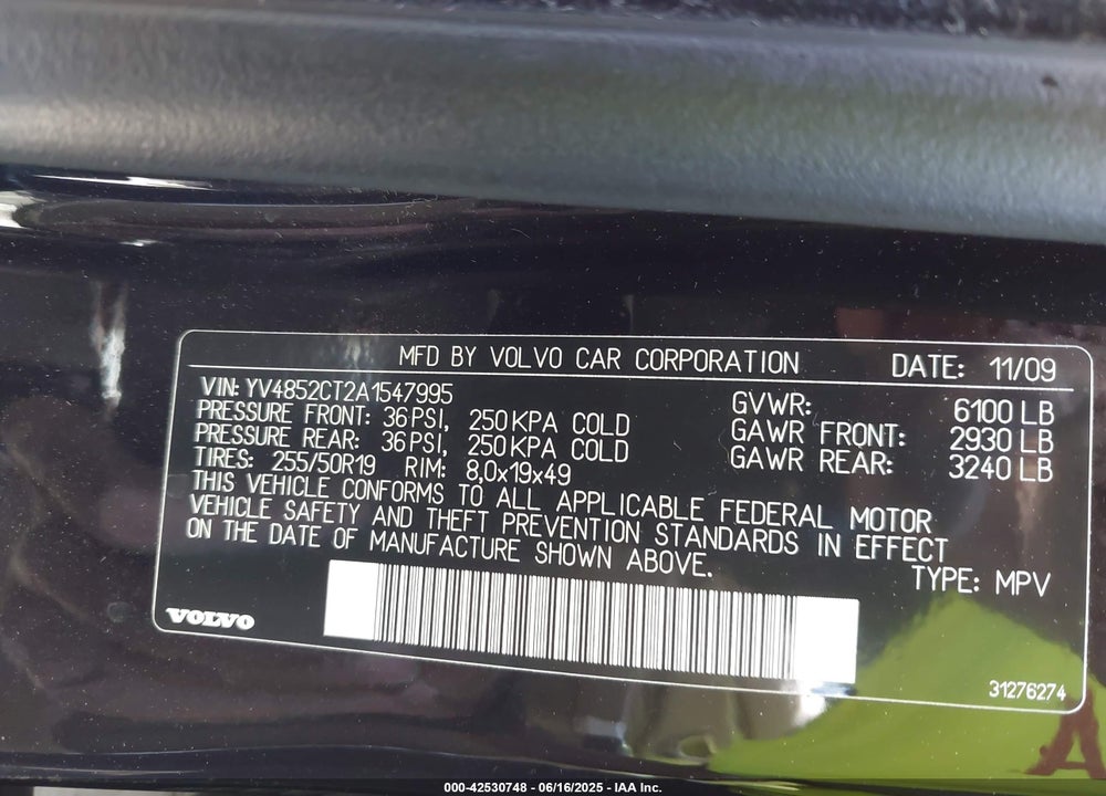 2010 VOLVO XC90 V8 VIN: YV4852CT2A1547995