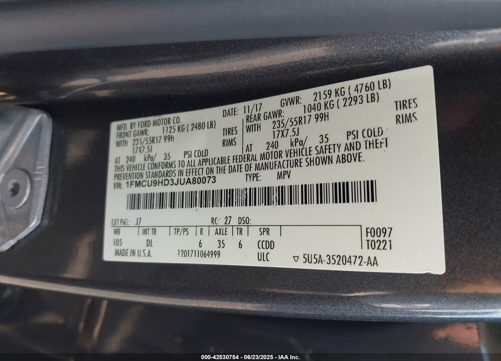 2018 FORD ESCAPE VIN: 1FMCU9HD3JUA80073
