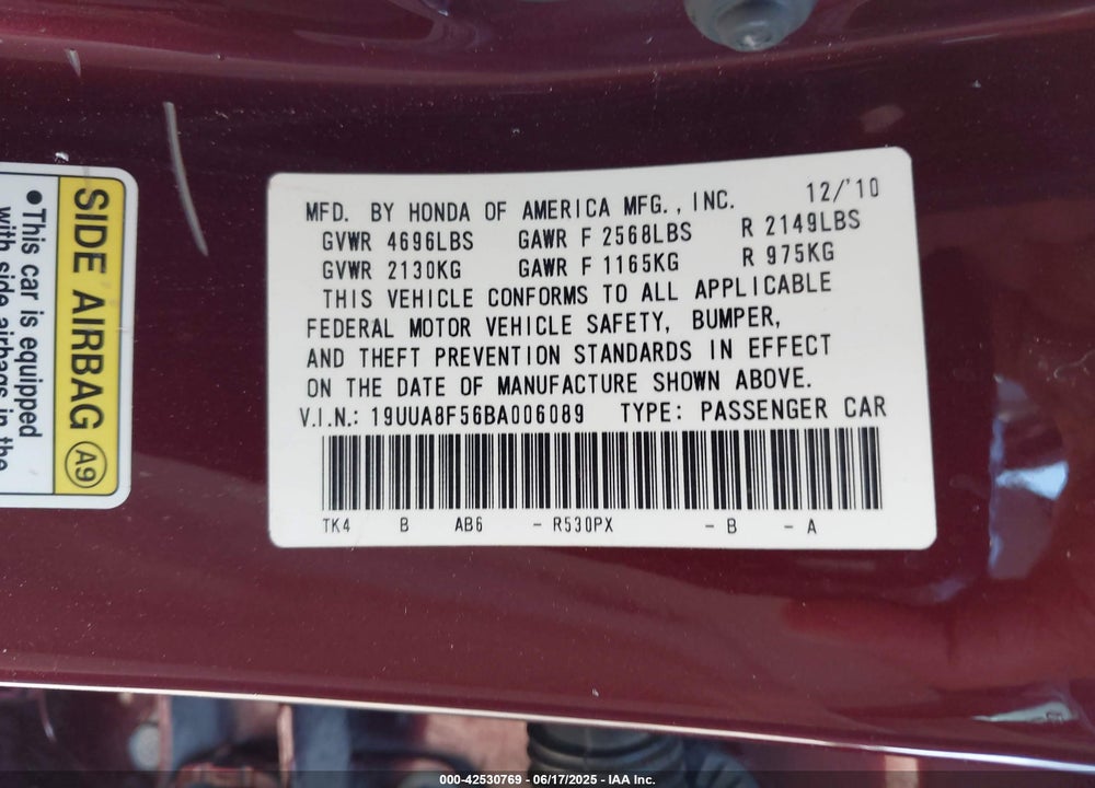 2011 ACURA TL 3.5 VIN: 19UUA8F56BA006089