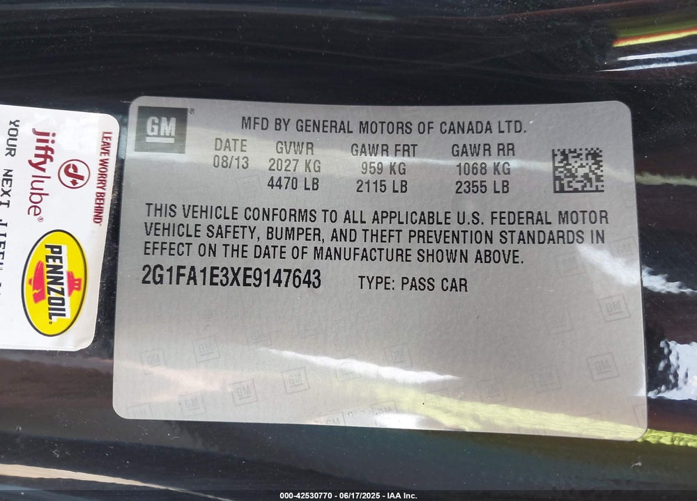 2014 CHEVROLET CAMARO VIN: 2G1FA1E3XE9147643