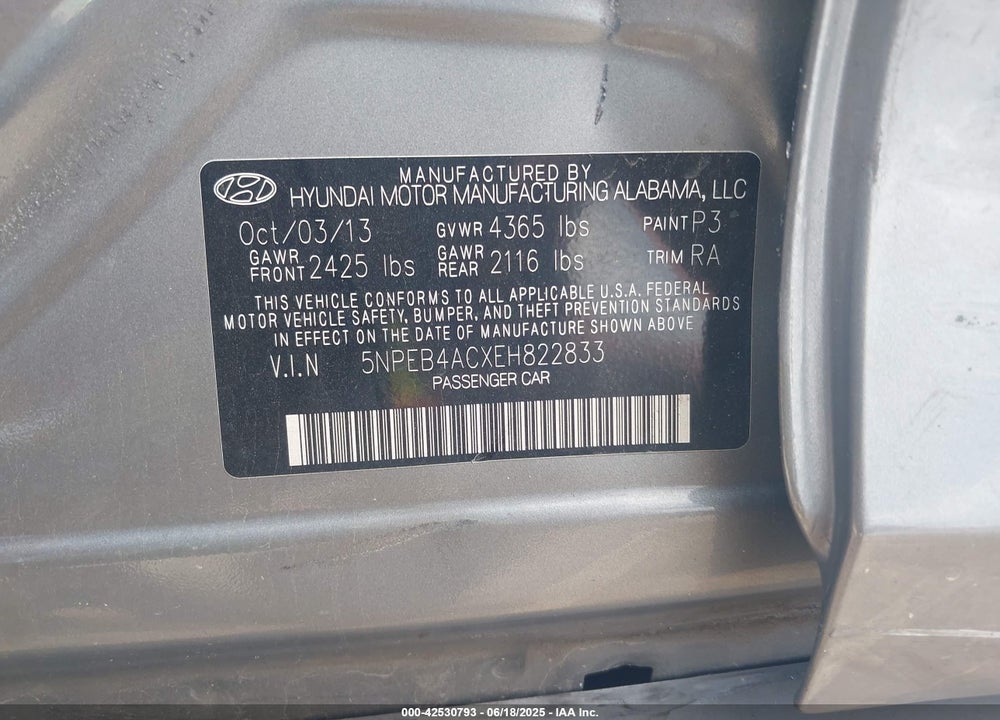 2014 HYUNDAI SONATA GLS VIN: 5NPEB4ACXEH822833