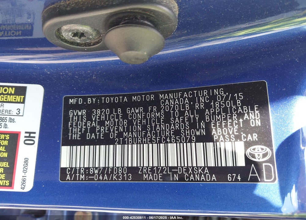 2015 TOYOTA COROLLA VIN: 2T1BURHE5FC465079