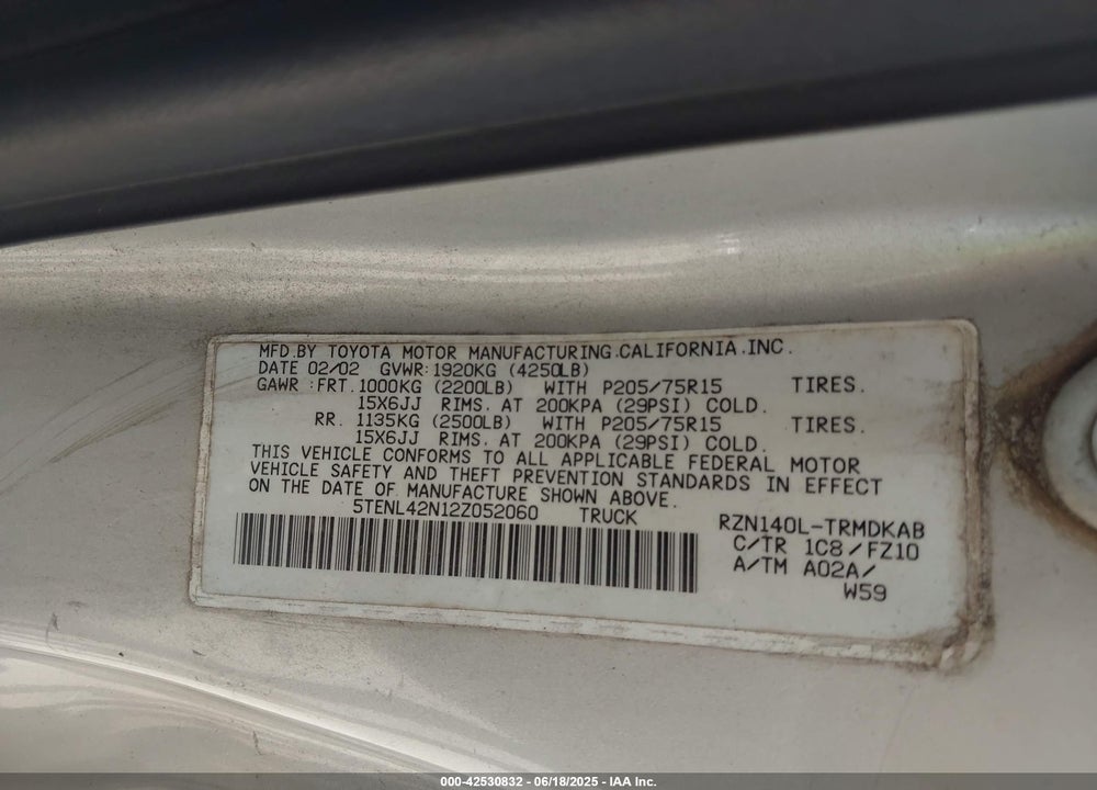 2002 TOYOTA TACOMA BASE (M5) VIN: 5TENL42N12Z052060