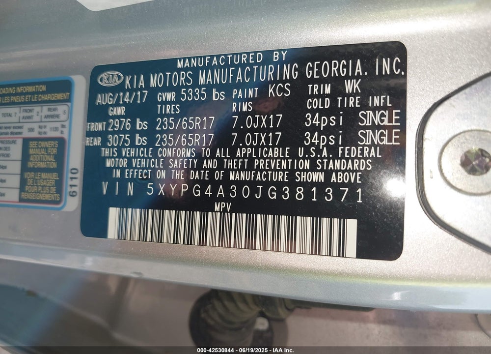 2018 KIA SORENTO VIN: 5XYPG4A30JG381371