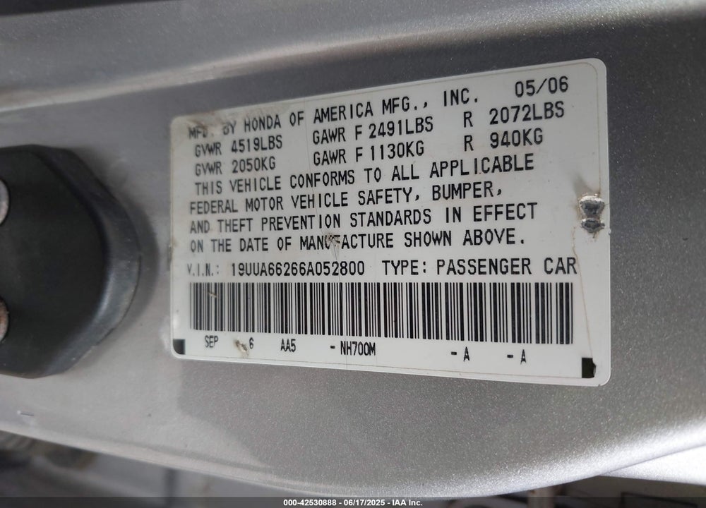 2006 ACURA TL VIN: 19UUA66266A052800