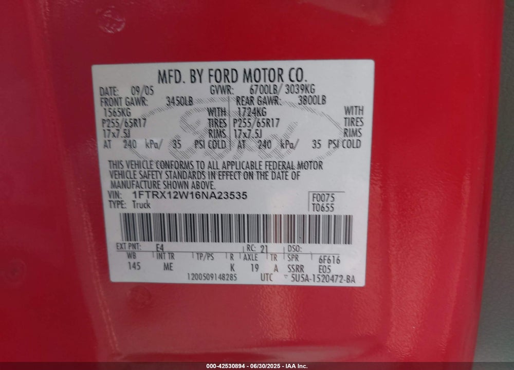 2006 FORD F-150 STX/XL/XLT VIN: 1FTRX12W16NA23535
