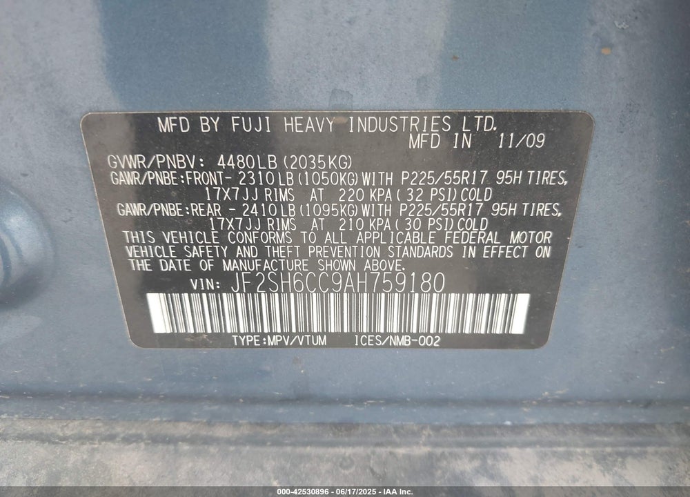 2010 SUBARU FORESTER 2.5X PREMIUM VIN: JF2SH6CC9AH759180