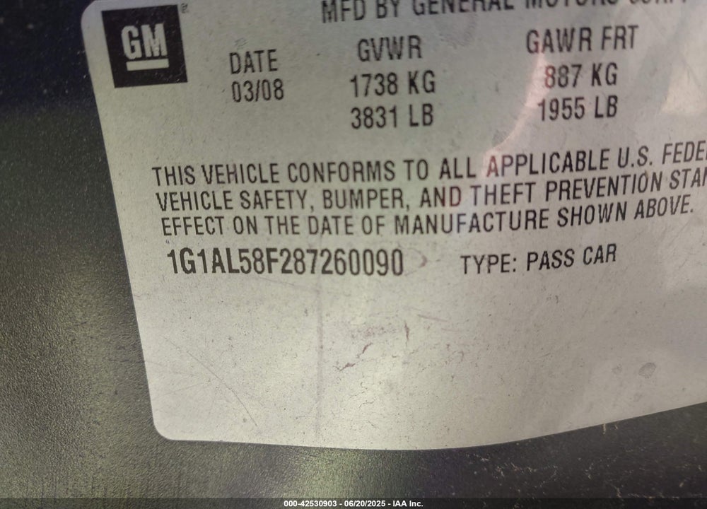 2008 CHEVROLET COBALT LT VIN: 1G1AL58F287260090