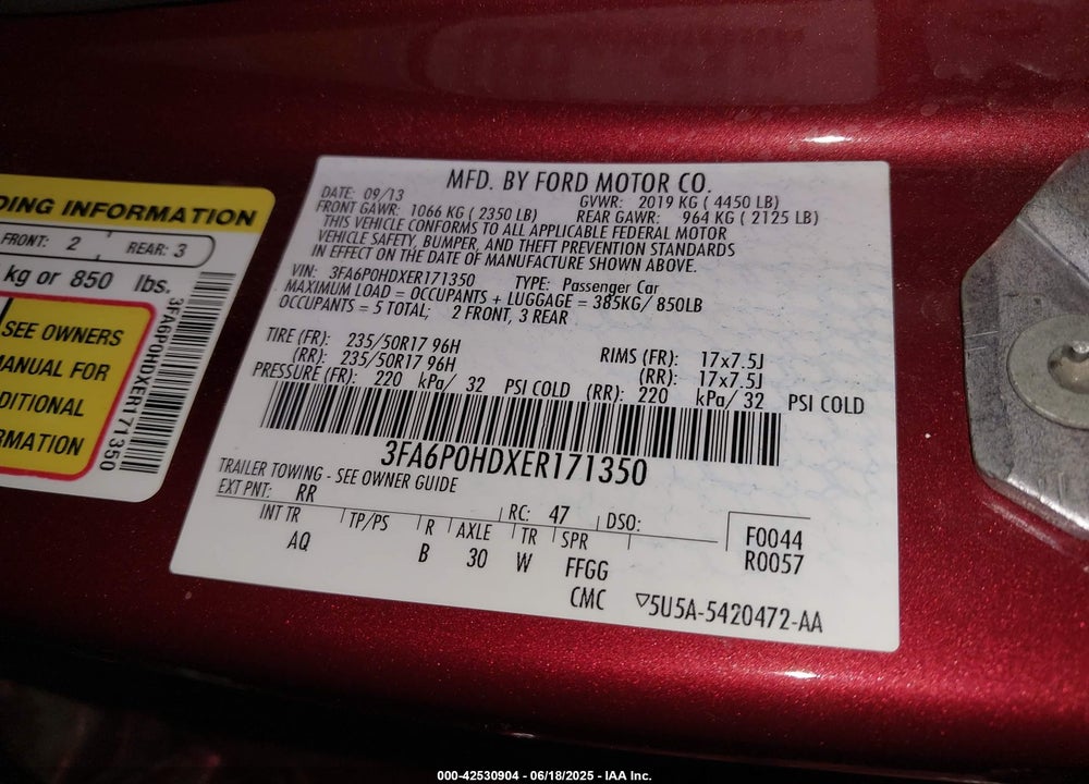 2014 FORD FUSION VIN: 3FA6P0HDXER171350