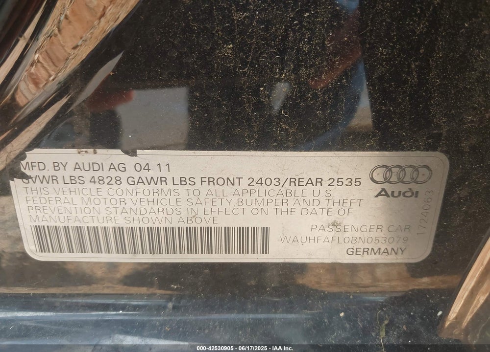 2011 AUDI A4 VIN: WAUHFAFL0BN053079