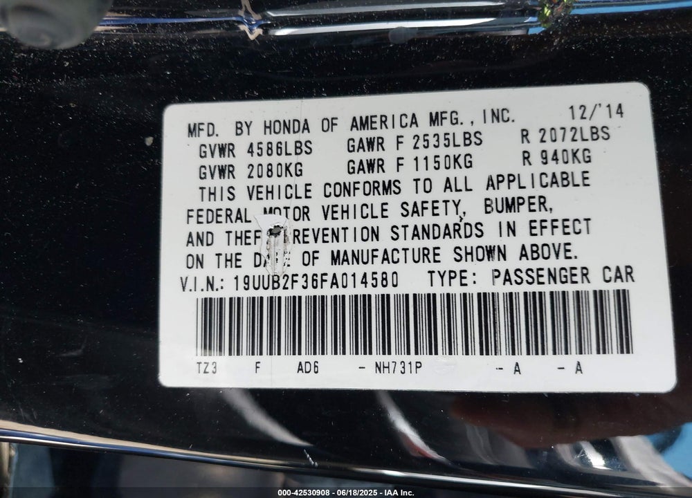2015 ACURA TLX VIN: 19UUB2F36FA014580