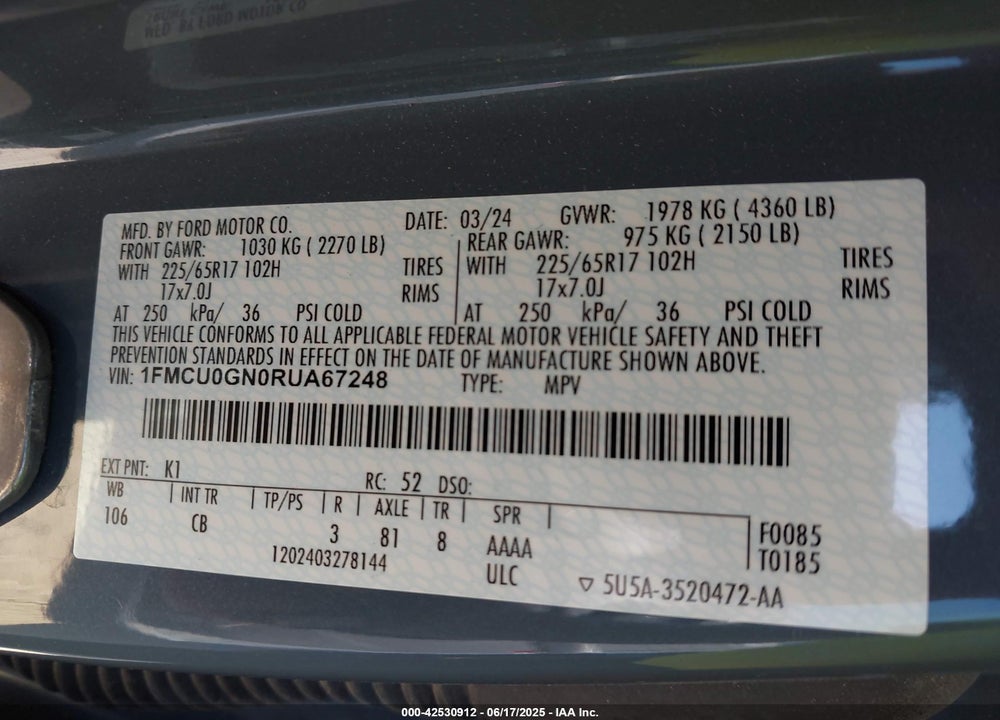 2024 FORD ESCAPE ACTIVE VIN: 1FMCU0GN0RUA67248