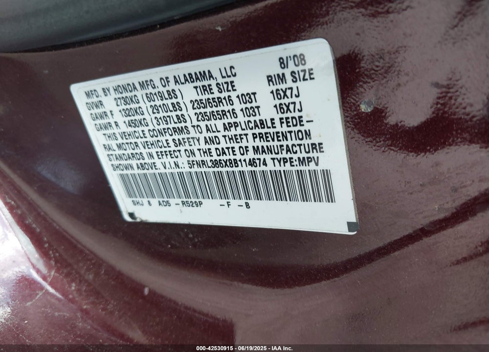 2008 HONDA ODYSSEY EX-L VIN: 5FNRL386X8B114674