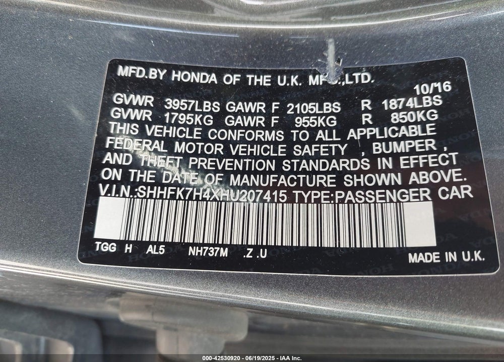 2017 HONDA CIVIC VIN: SHHFK7H4XHU207415