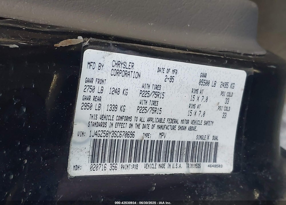 1995 JEEP GRAND CHEROKEE LAREDO VIN: 1J4GZ58Y3SC670696