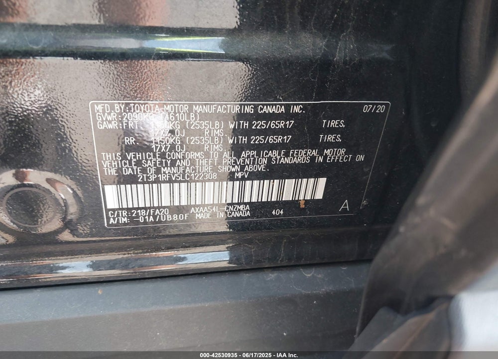 2020 TOYOTA RAV4 XLE VIN: 2T3P1RFV5LC122308