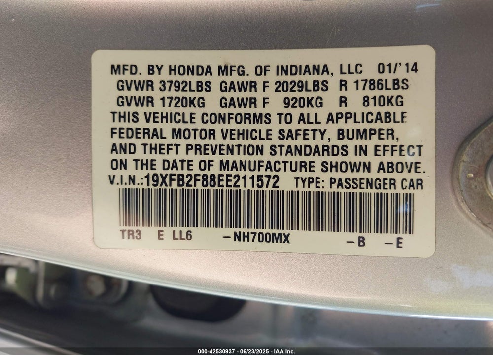 2014 HONDA CIVIC EX VIN: 19XFB2F88EE211572