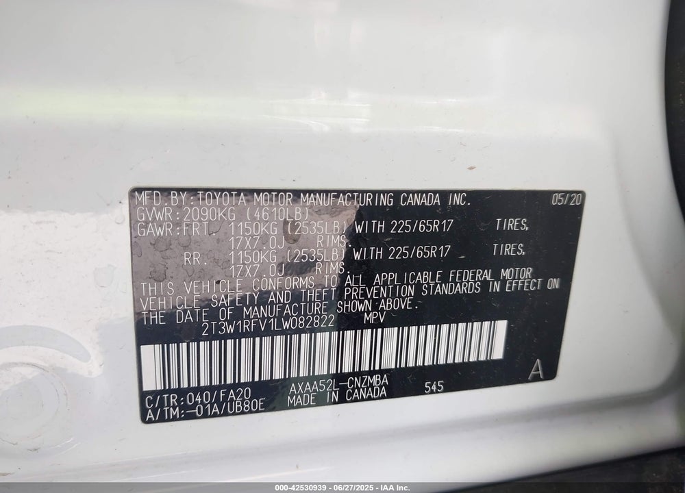 2020 TOYOTA RAV4 VIN: 2T3W1RFV1LW082822