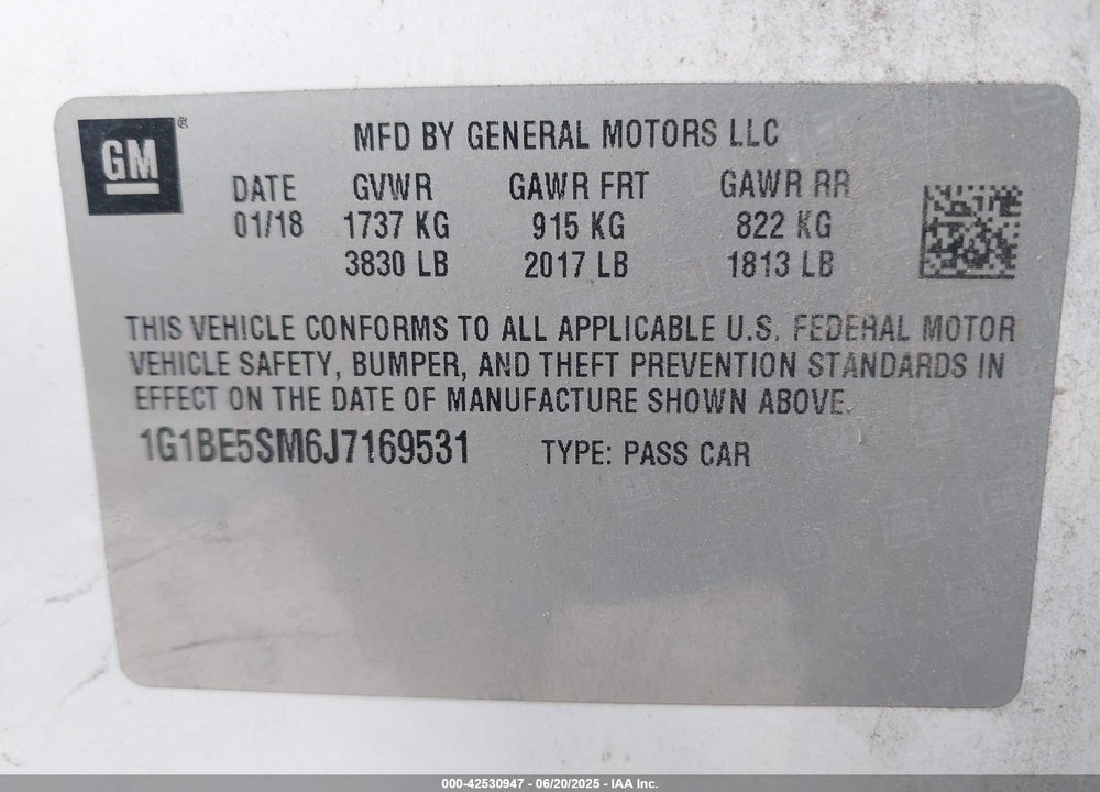 2018 CHEVROLET CRUZE VIN: 1G1BE5SM6J7169531