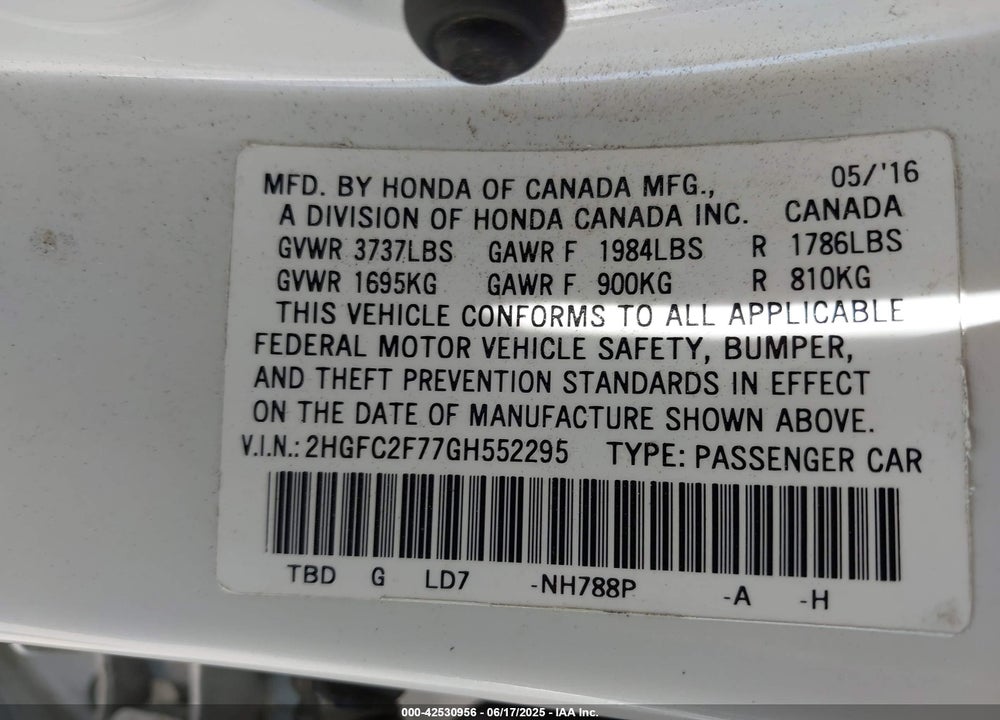 2016 HONDA CIVIC VIN: 2HGFC2F77GH552295