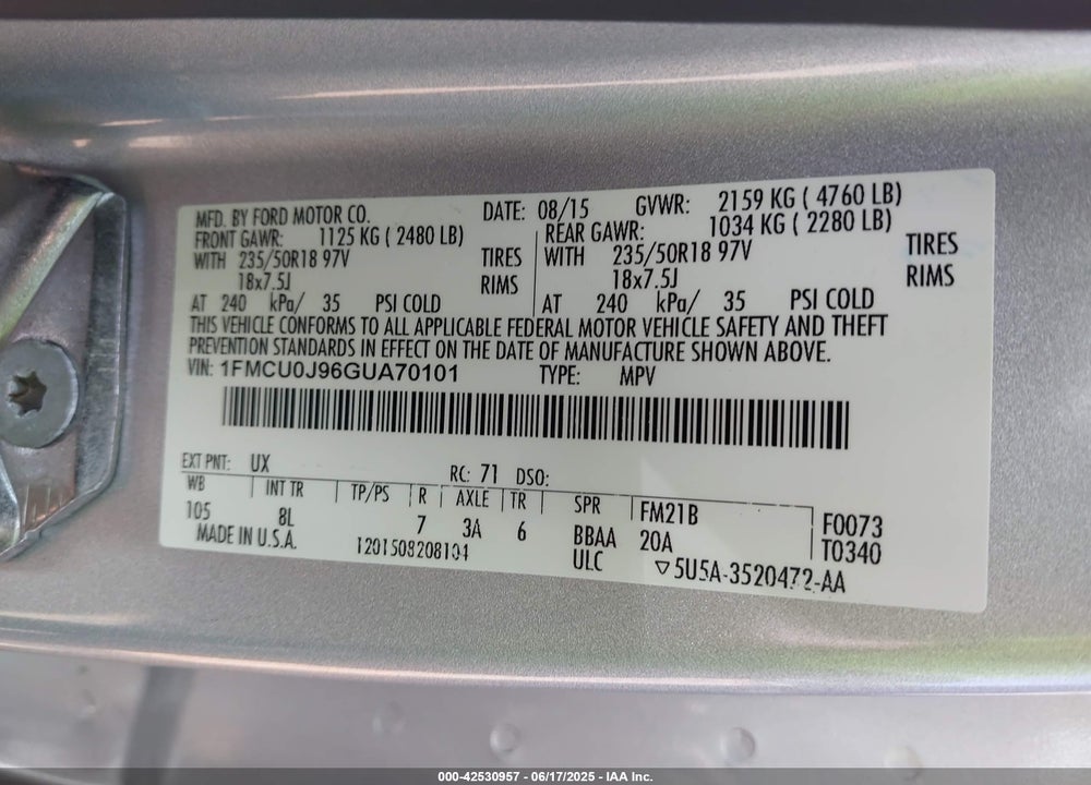 2016 FORD ESCAPE VIN: 1FMCU0J96GUA70101