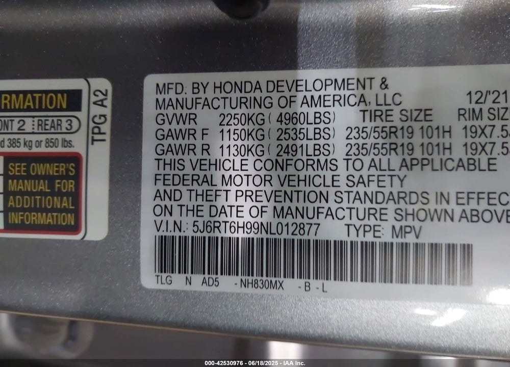 2022 HONDA CR-V VIN: 5J6RT6H99NL012877