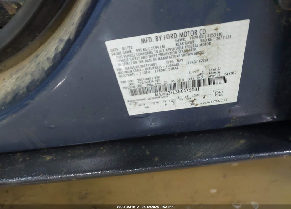 2022 FORD ECOSPORT VIN: MAJ6S3FL3NC475001