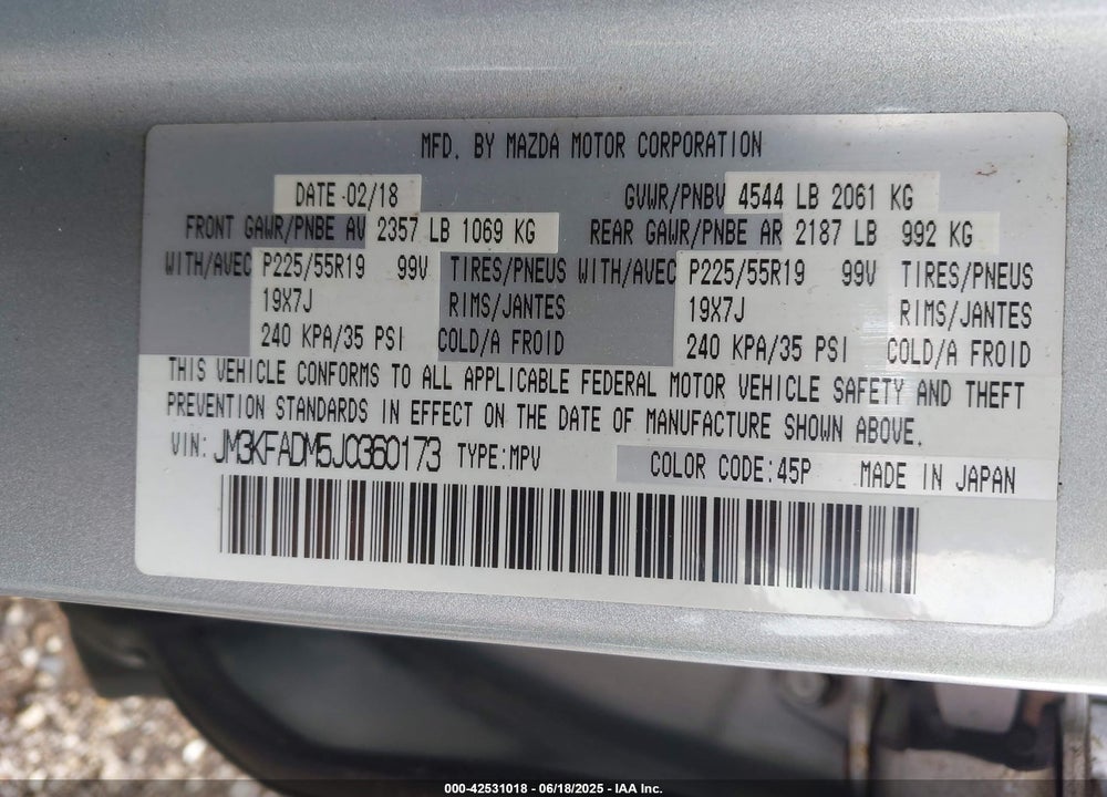 2018 MAZDA CX-5 VIN: JM3KFADM5J0360173