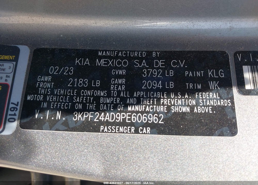 2023 KIA FORTE LXS VIN: 3KPF24AD9PE606962
