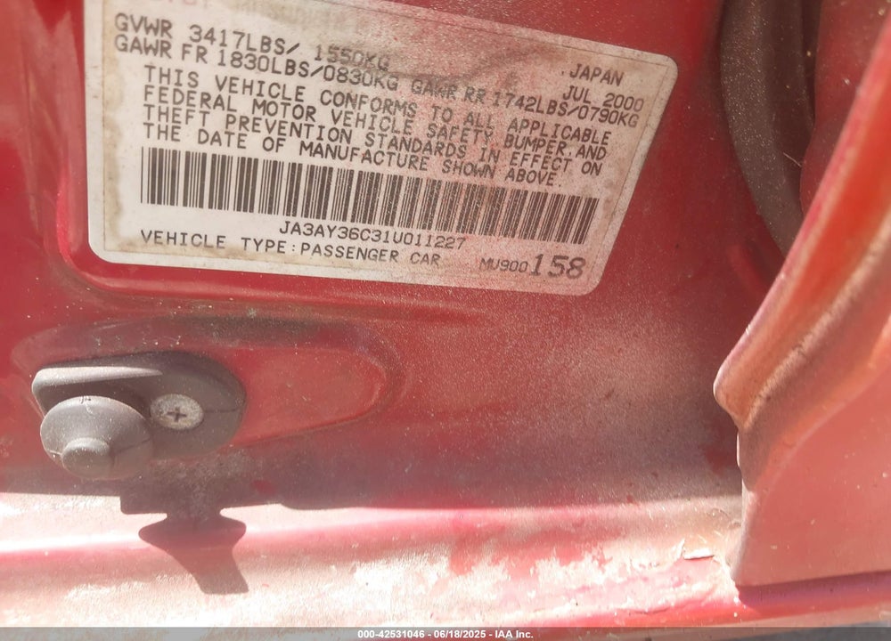 2001 MITSUBISHI MIRAGE LS VIN: JA3AY36C31U011227