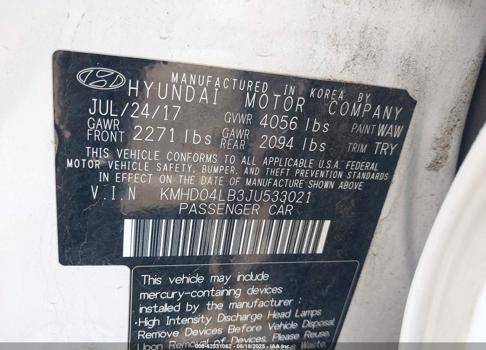 2018 HYUNDAI ELANTRA VIN: KMHD04LB3JU533021