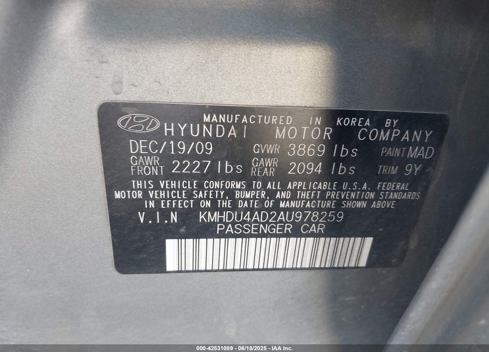 2010 HYUNDAI ELANTRA VIN: KMHDU4AD2AU978259