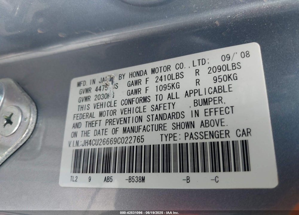 2009 ACURA TSX VIN: JH4CU26669C022765