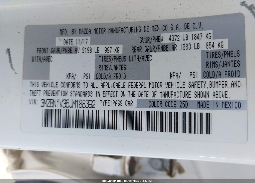 2018 MAZDA 3 TOURING VIN: 3MZBN1V36JM188392