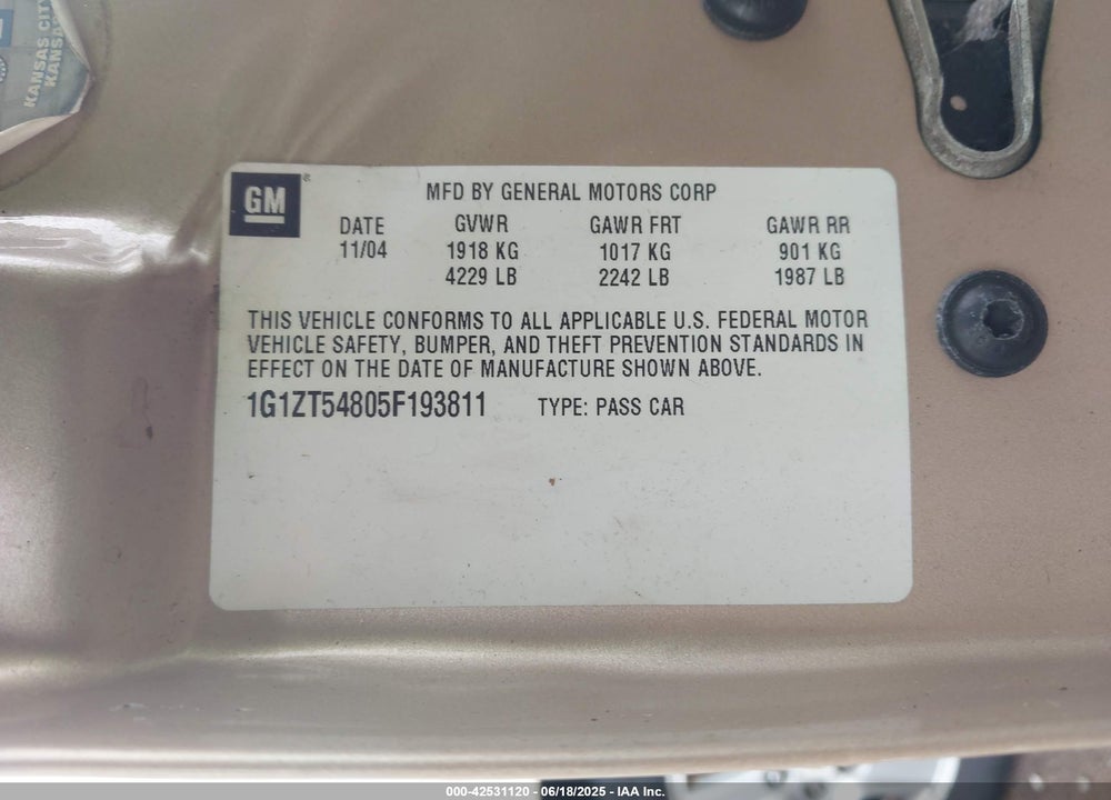 2005 CHEVROLET MALIBU LS VIN: 1G1ZT54805F193811