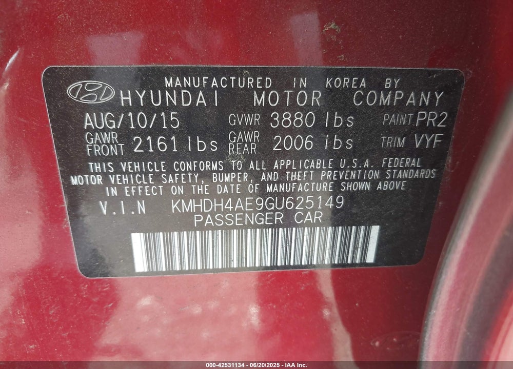 2016 HYUNDAI ELANTRA VIN: KMHDH4AE9GU625149