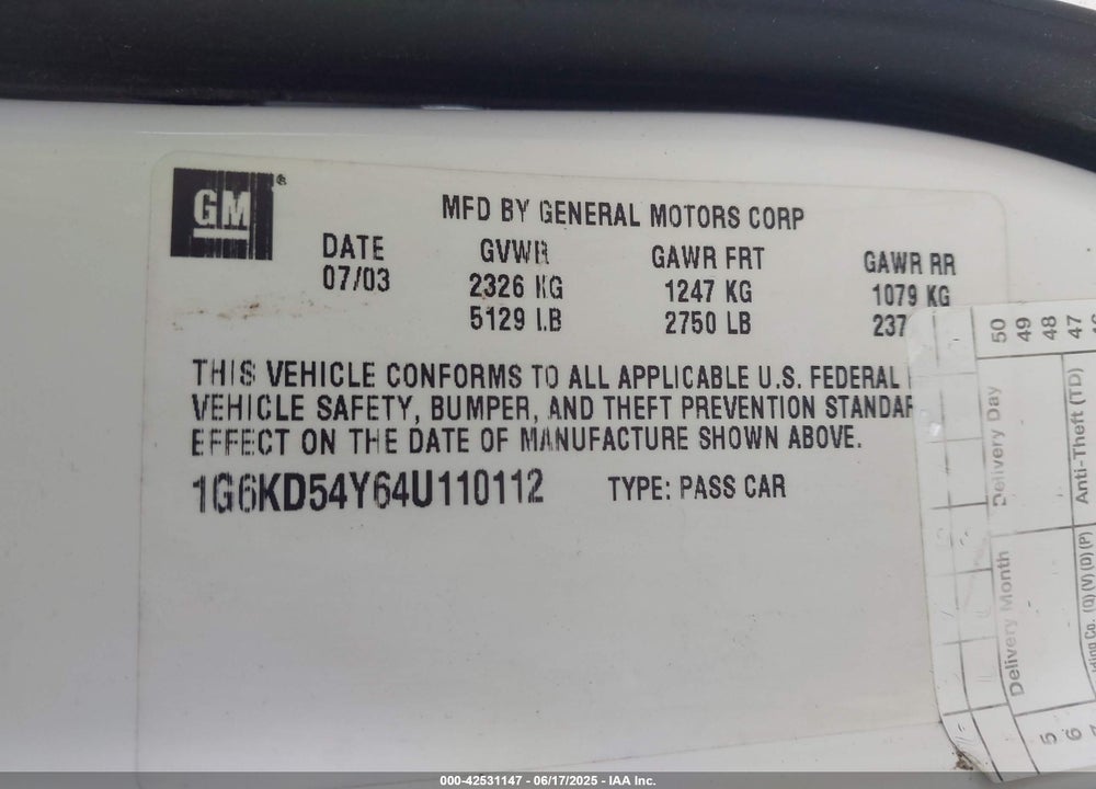 2004 CADILLAC DEVILLE STANDARD VIN: 1G6KD54Y64U110112