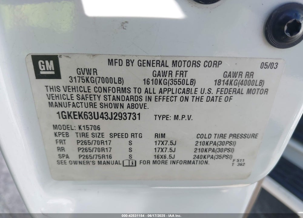 2003 GMC YUKON DENALI VIN: 1GKEK63U43J293731