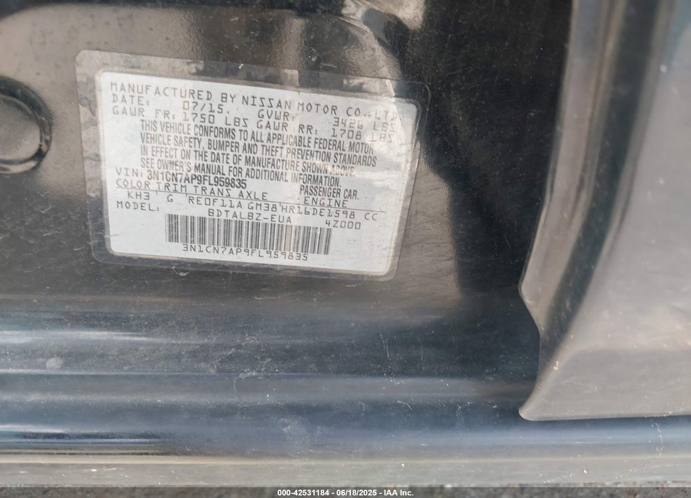 2015 NISSAN VERSA VIN: 3N1CN7AP9FL959835