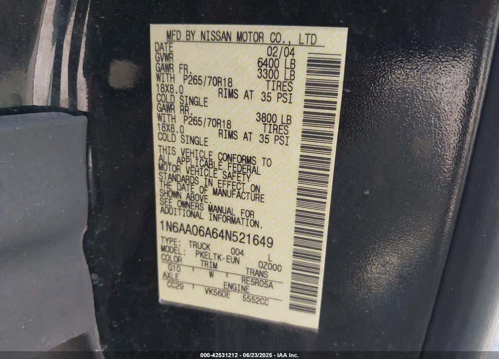 2004 NISSAN TITAN SE VIN: 1N6AA06A64N521649