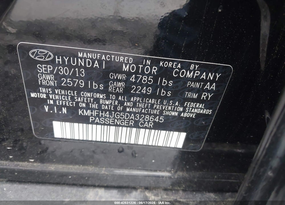 2013 HYUNDAI AZERA VIN: KMHFH4JG5DA328645