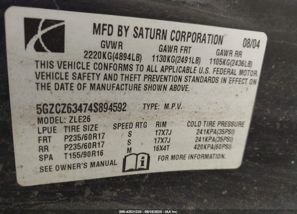 2004 SATURN VUE V6 VIN: 5GZCZ63474S894592