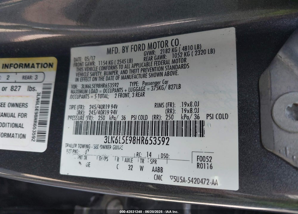 2017 LINCOLN MKZ VIN: 3LN6L5E98HR653592