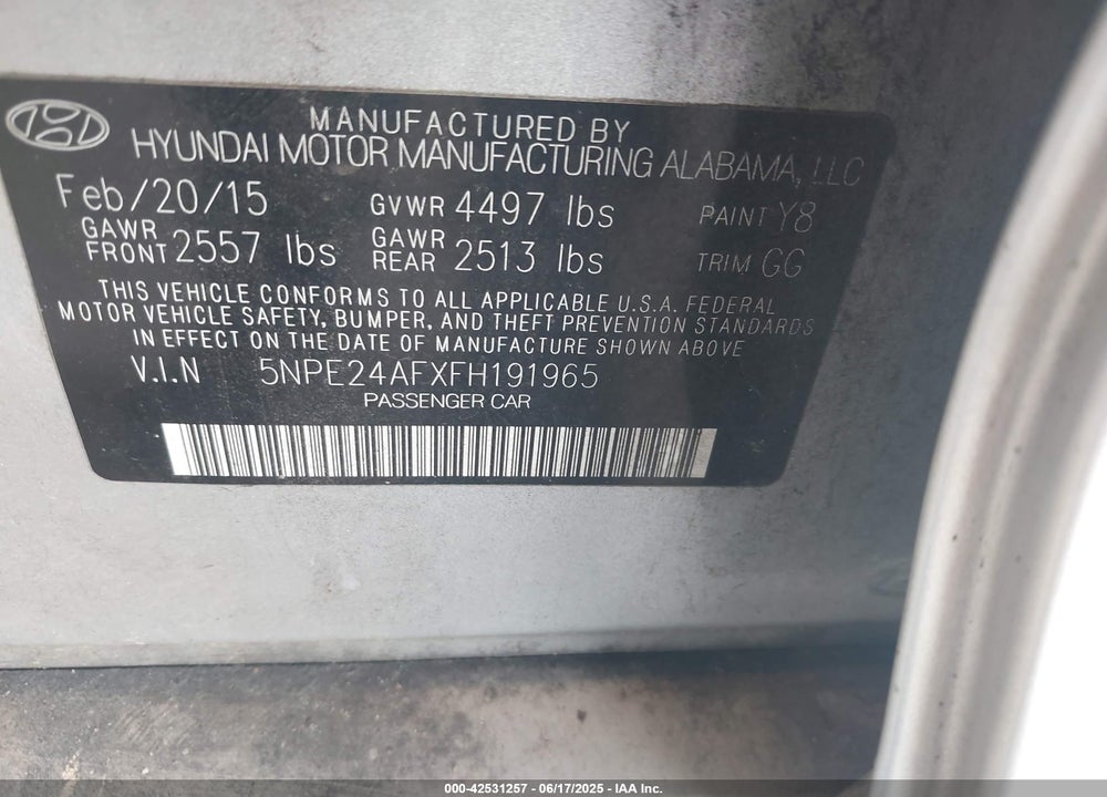 2015 HYUNDAI SONATA VIN: 5NPE24AFXFH191965