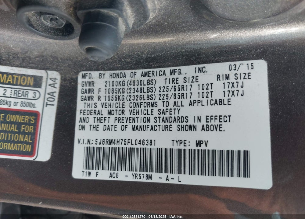 2015 HONDA CR-V VIN: 5J6RM4H75FL046381